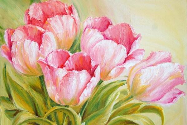 Pintura de tulipanes rosados sobre fondo verde