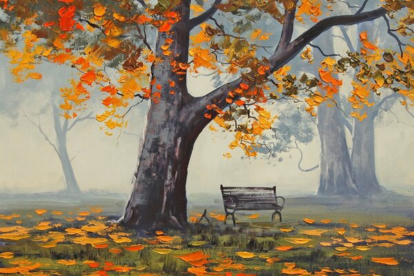 Autumn landscape with a park bench under a tree