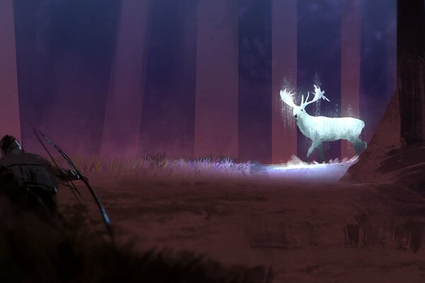 A hunter watches a deer in the night forest