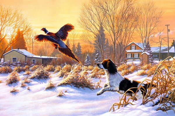 Hunting dog chasing a bird painting