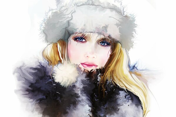 Fille blonde aux yeux bleus dans un chapeau Ushanka