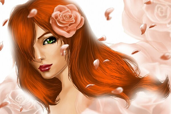 Red-haired girl with a rose in her hair