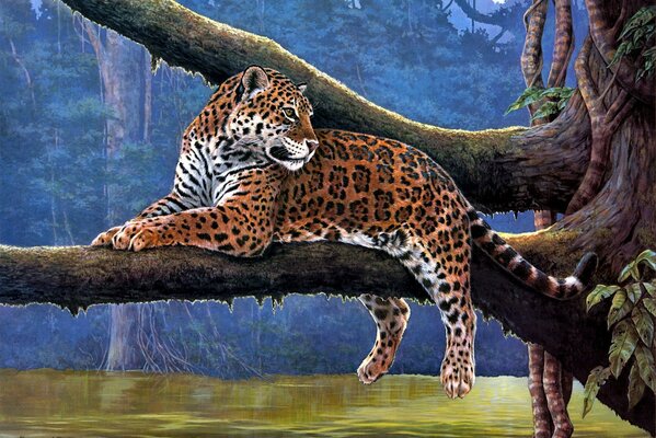 Un tigre en la selva descansa en un árbol