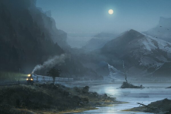 Night train, lake and mountains