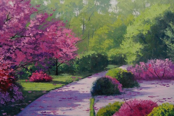 Drawing of a path in a blooming park