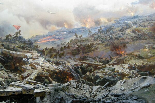 People with a flag on the background of ruins and explosions