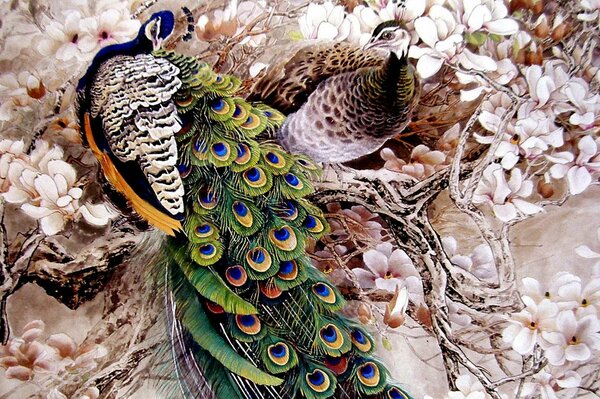 Peacocks on a branch of a flowering tree