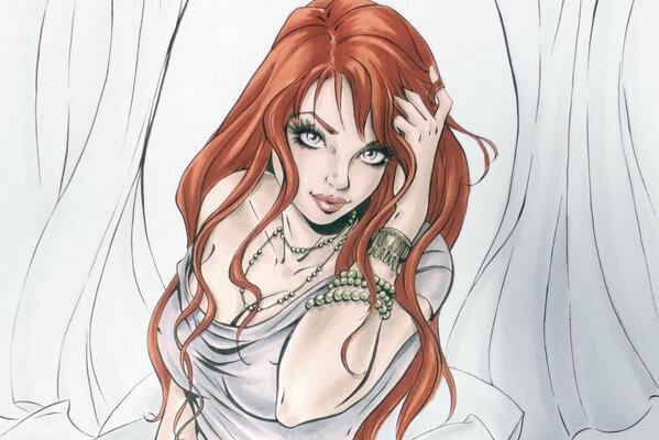 Art by Mary Jane Watson. A red-haired girl straightens her hair with a hand in a bracelet