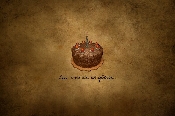 A small cake with one candle and under it an inscription on a brown background