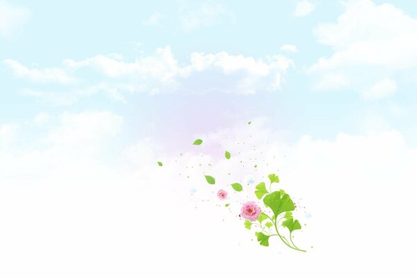 A flower with flying leaves on a cloudy sky background