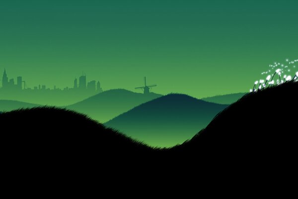 Evening green hills outside the city