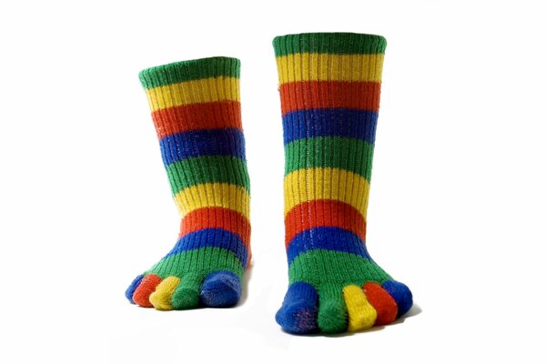 Funny, bright, colored socks dressed on feet