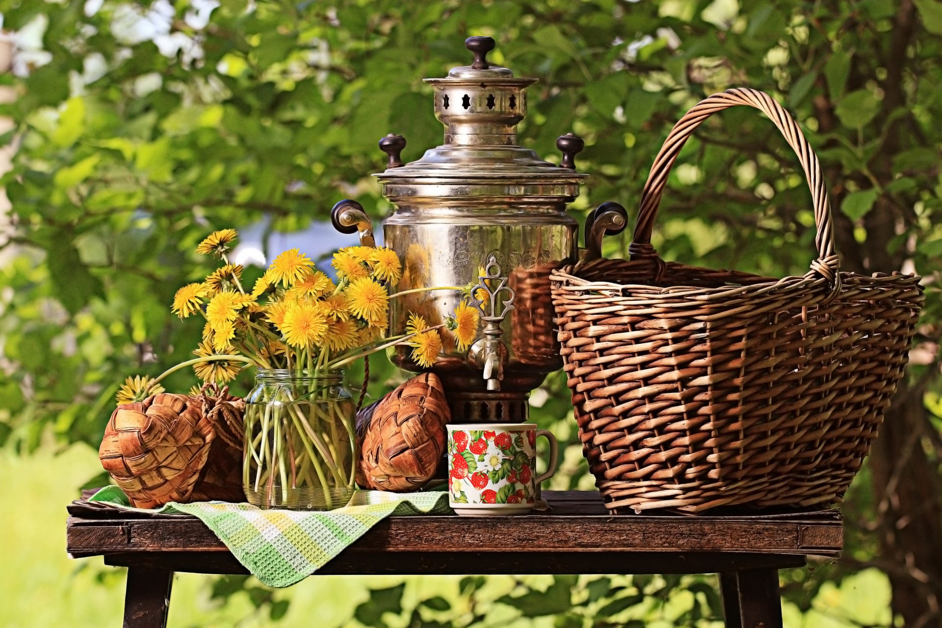 natura morta tavolo cestino samovar tazza tovaglia vaso fiori bouquet denti di leone giallo natura verde cespugli sole bokeh