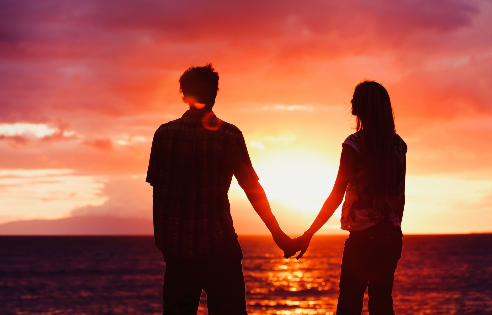 mood girl guy couple love feelings romance evening beach sunset sea river ocean water glare blur sky clouds sun wallpaper background widescreen