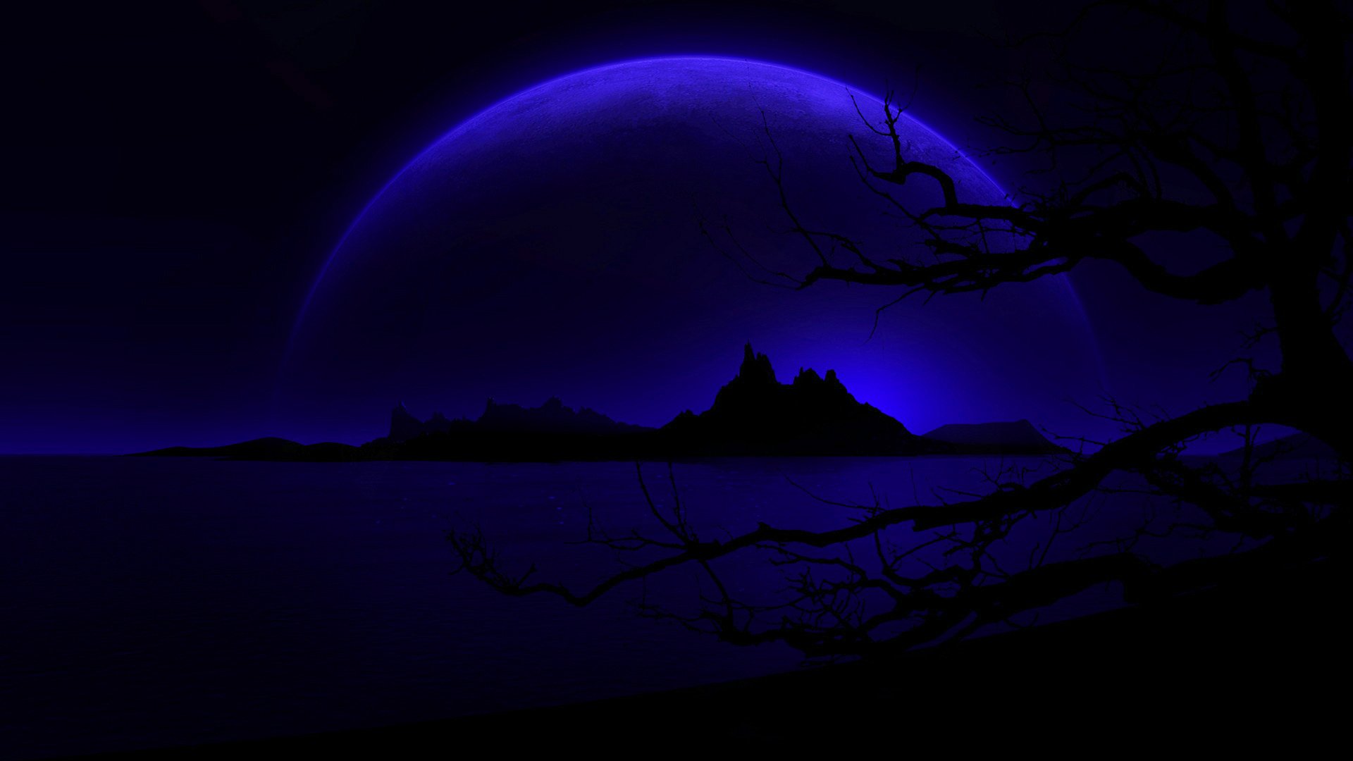 night silhouette tree mountain planet