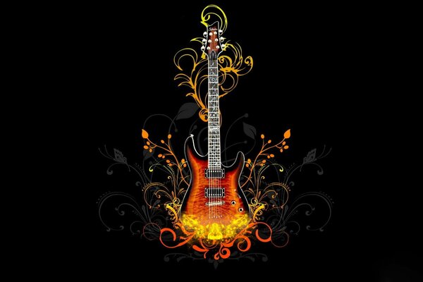 Guitarra con fuego y patrones sobre fondo negro