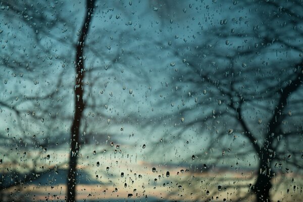 Sky through glass with raindrops