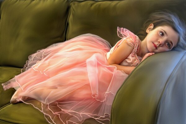 A ballerina girl is resting on the couch