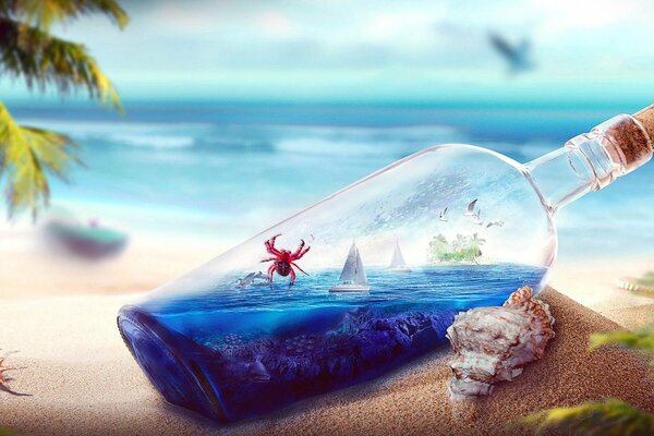 A bottle with the ocean inside on the beach