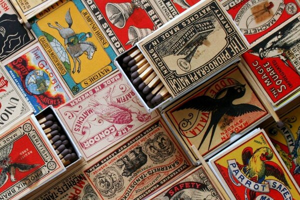 A collection of matchboxes in retro style