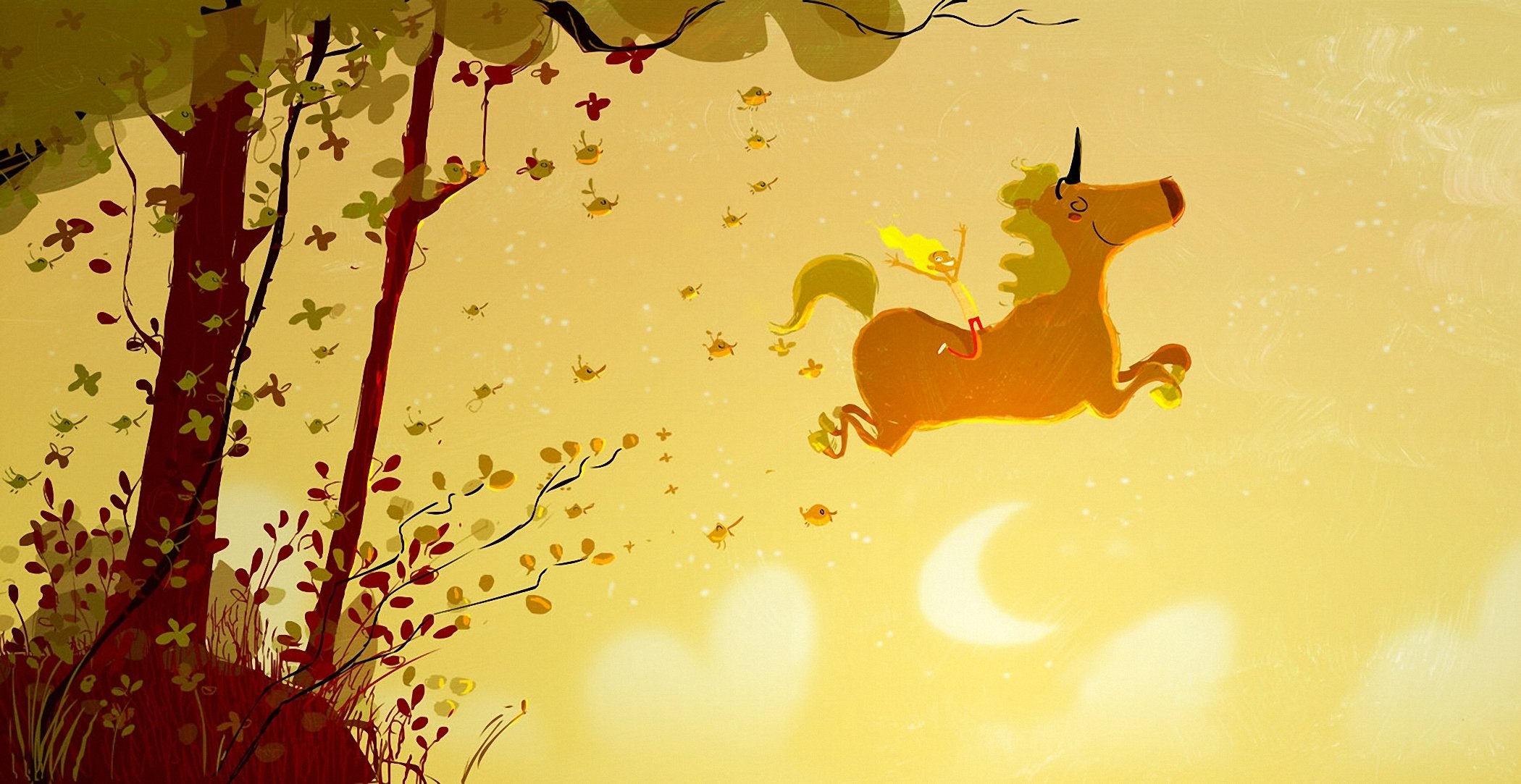 phantaisie licorne de mer fille joie arbres oiseaux