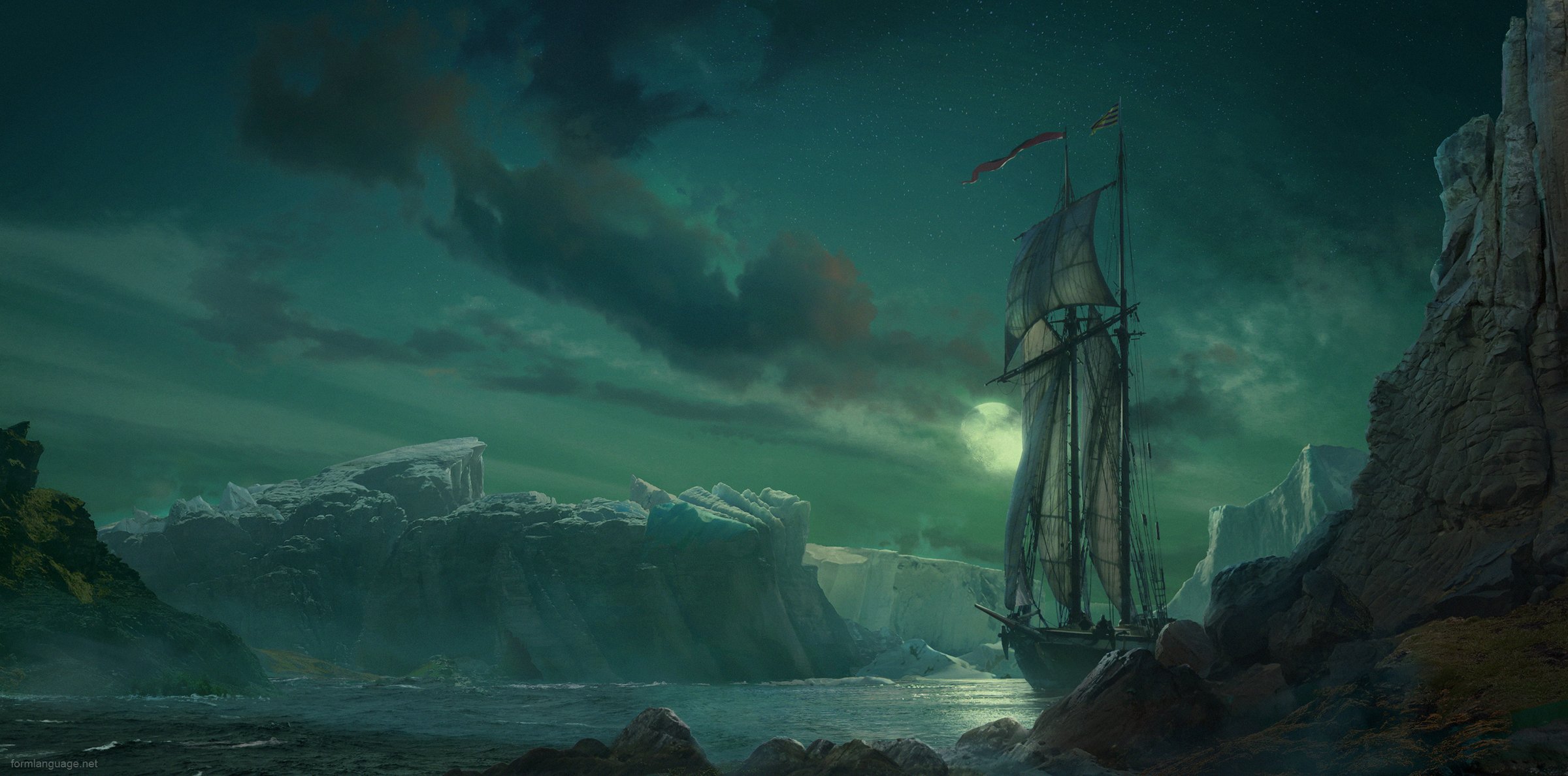 ky moon iceberg ship sailboats landscape