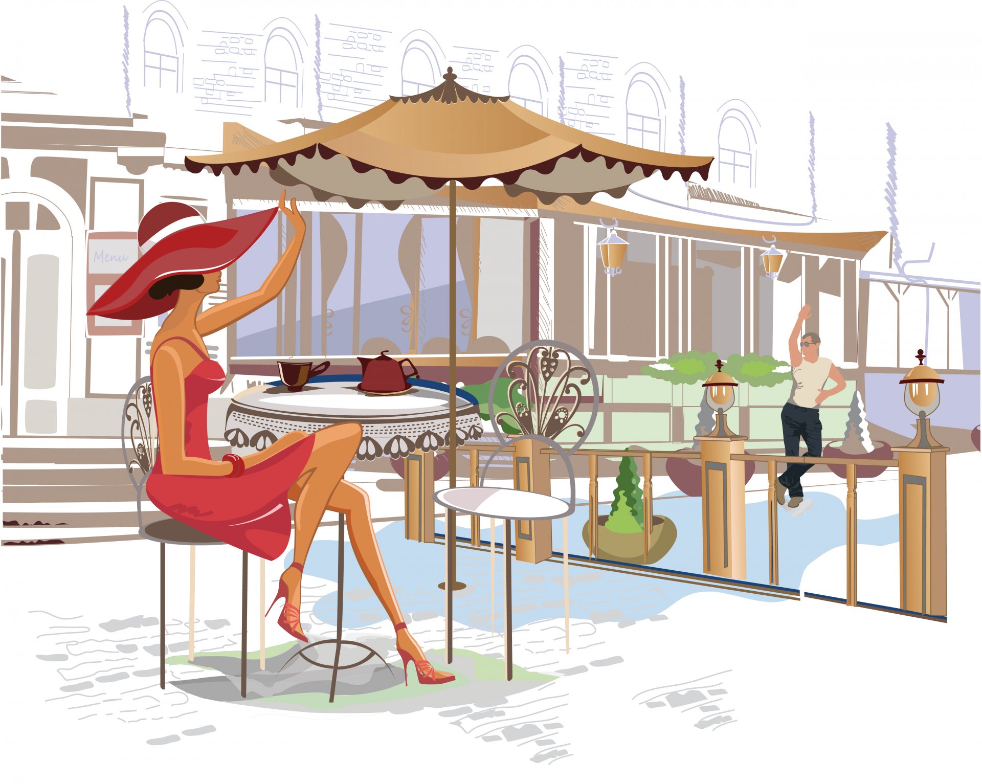 cafe girl guy table kettle tea