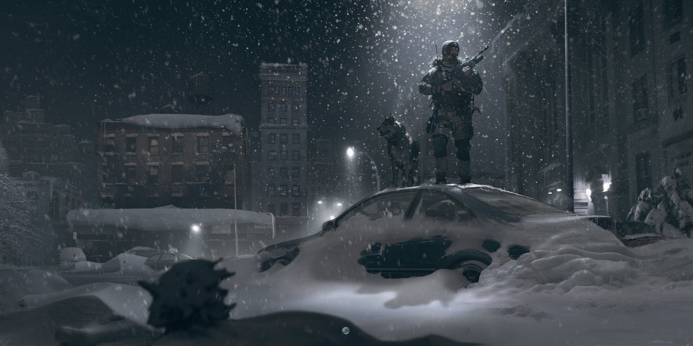 winter street snow soldier light dog lantern night car