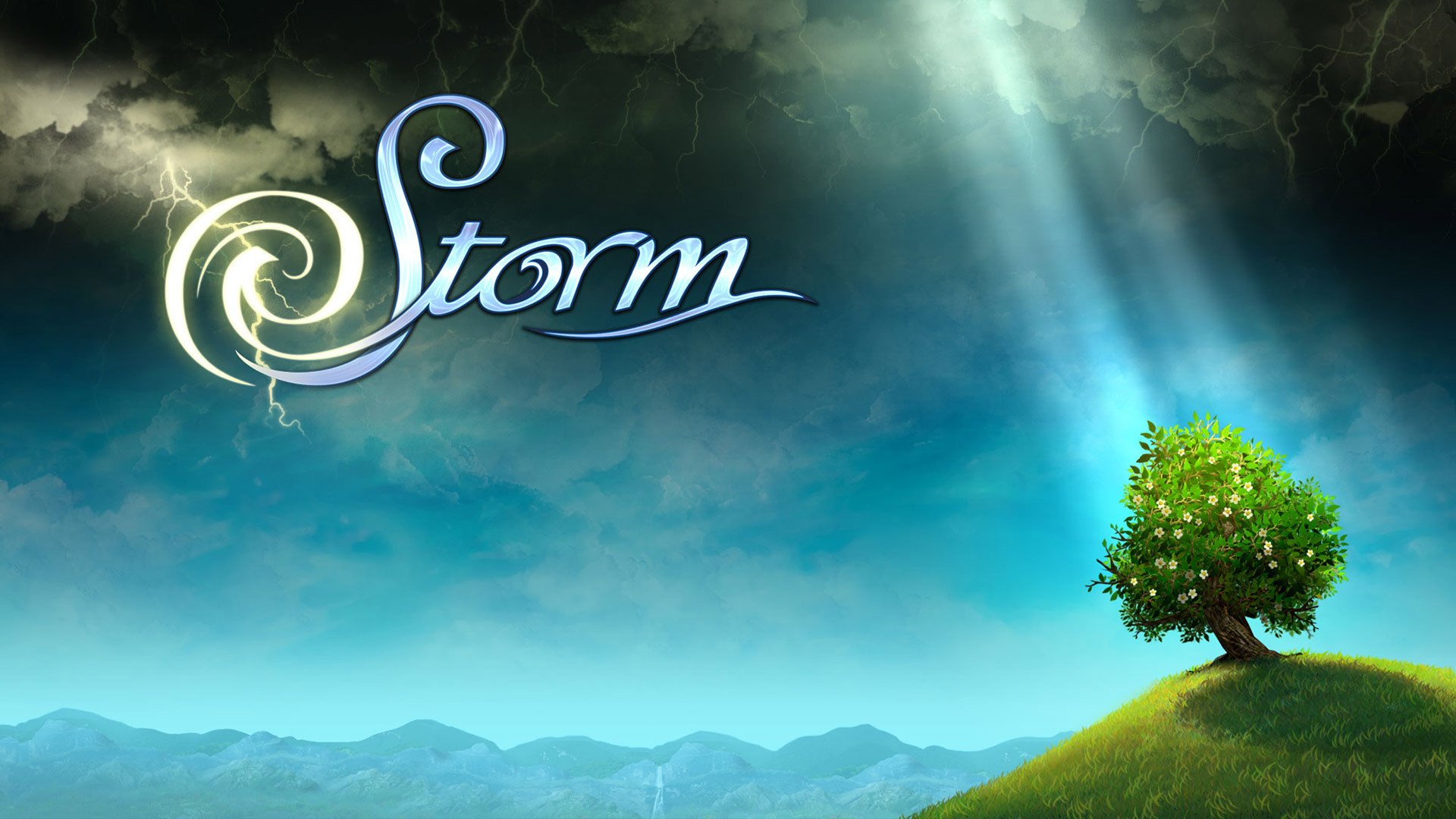 torm hill tree storm clouds thunderstorm flowers sun rays lightning