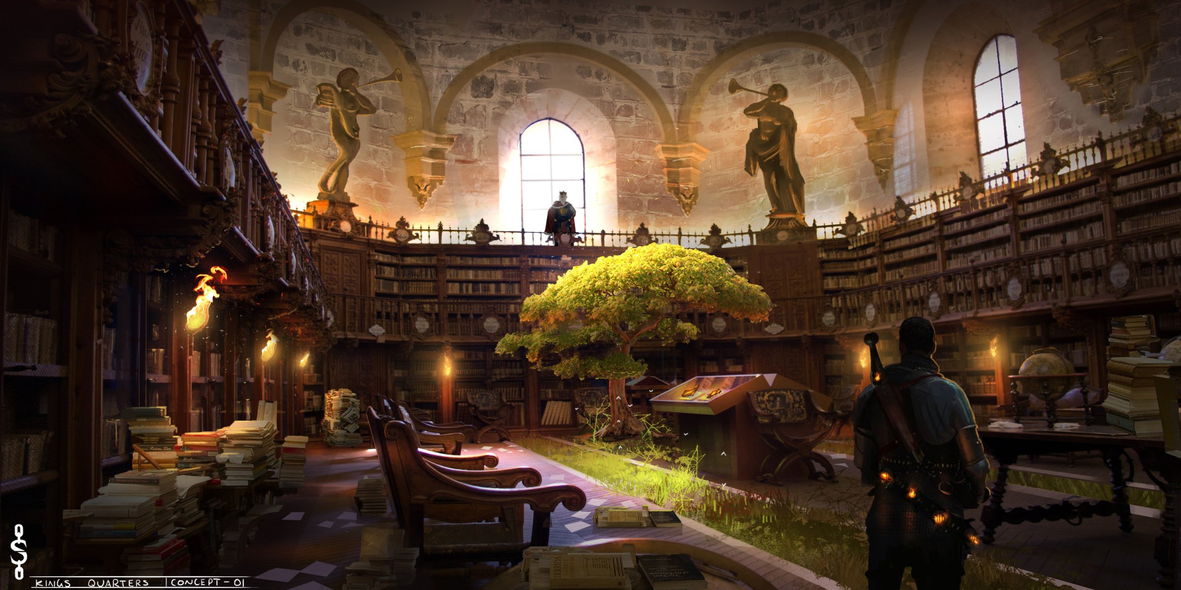 hackles kings quarters library tree statue books man