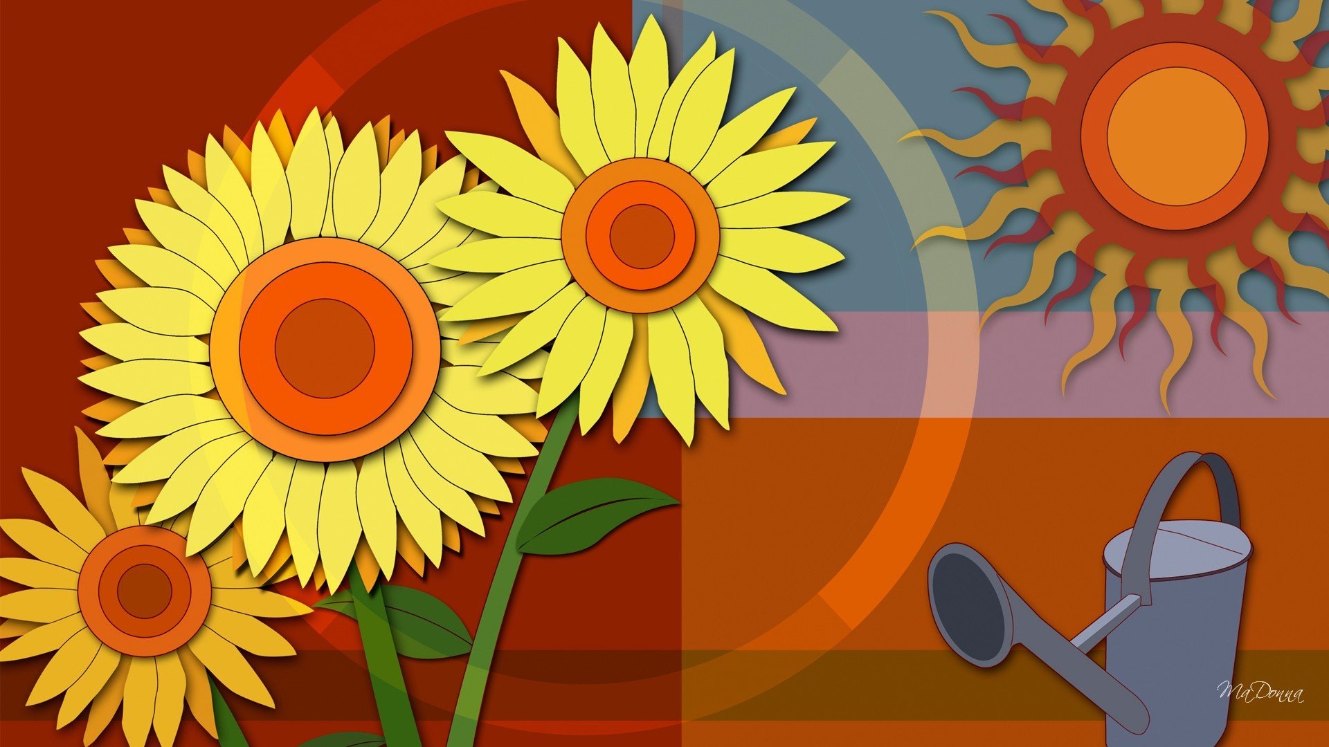 collage vector flores sol regadera