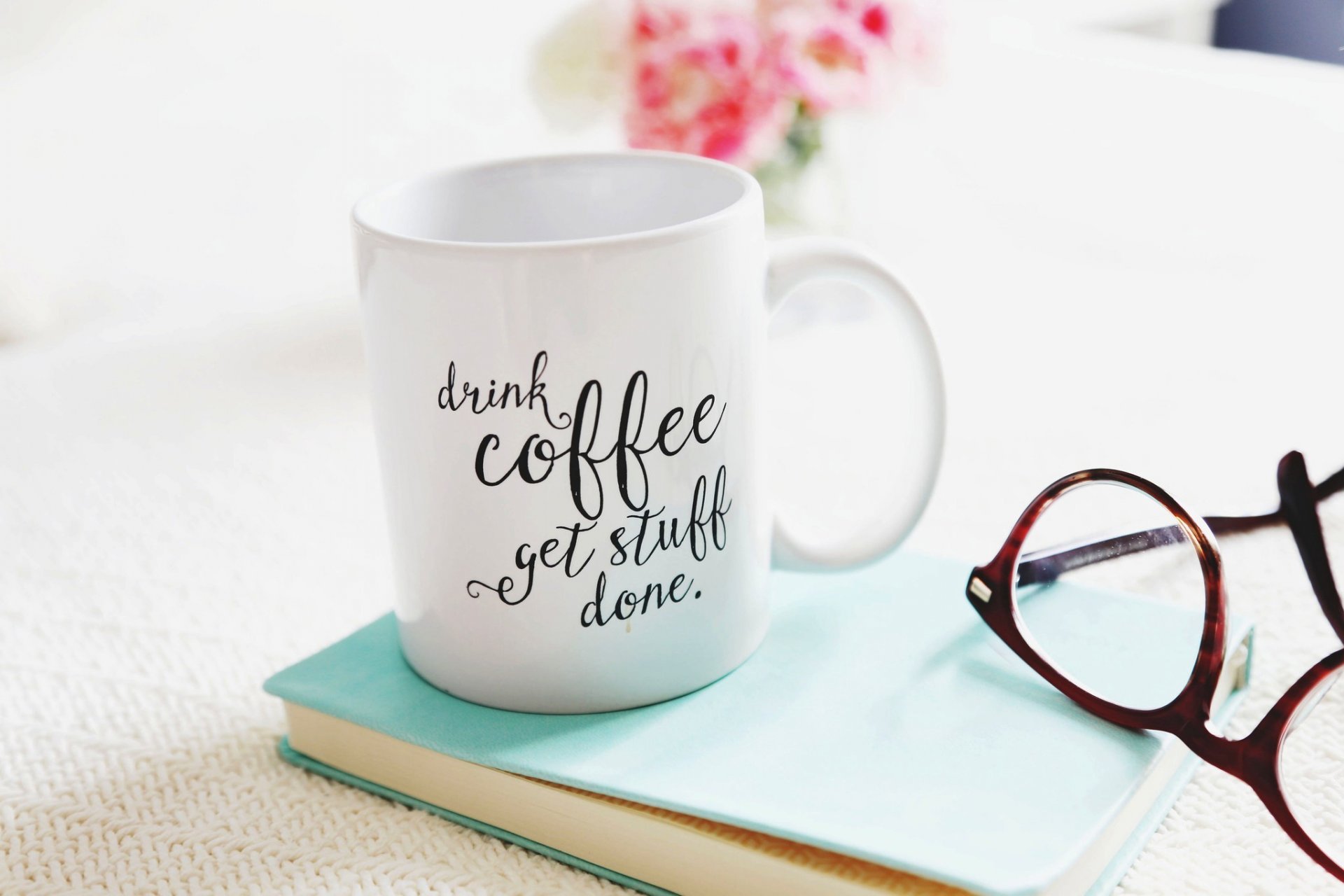 book cup coffee glasses bouquet flowers flower