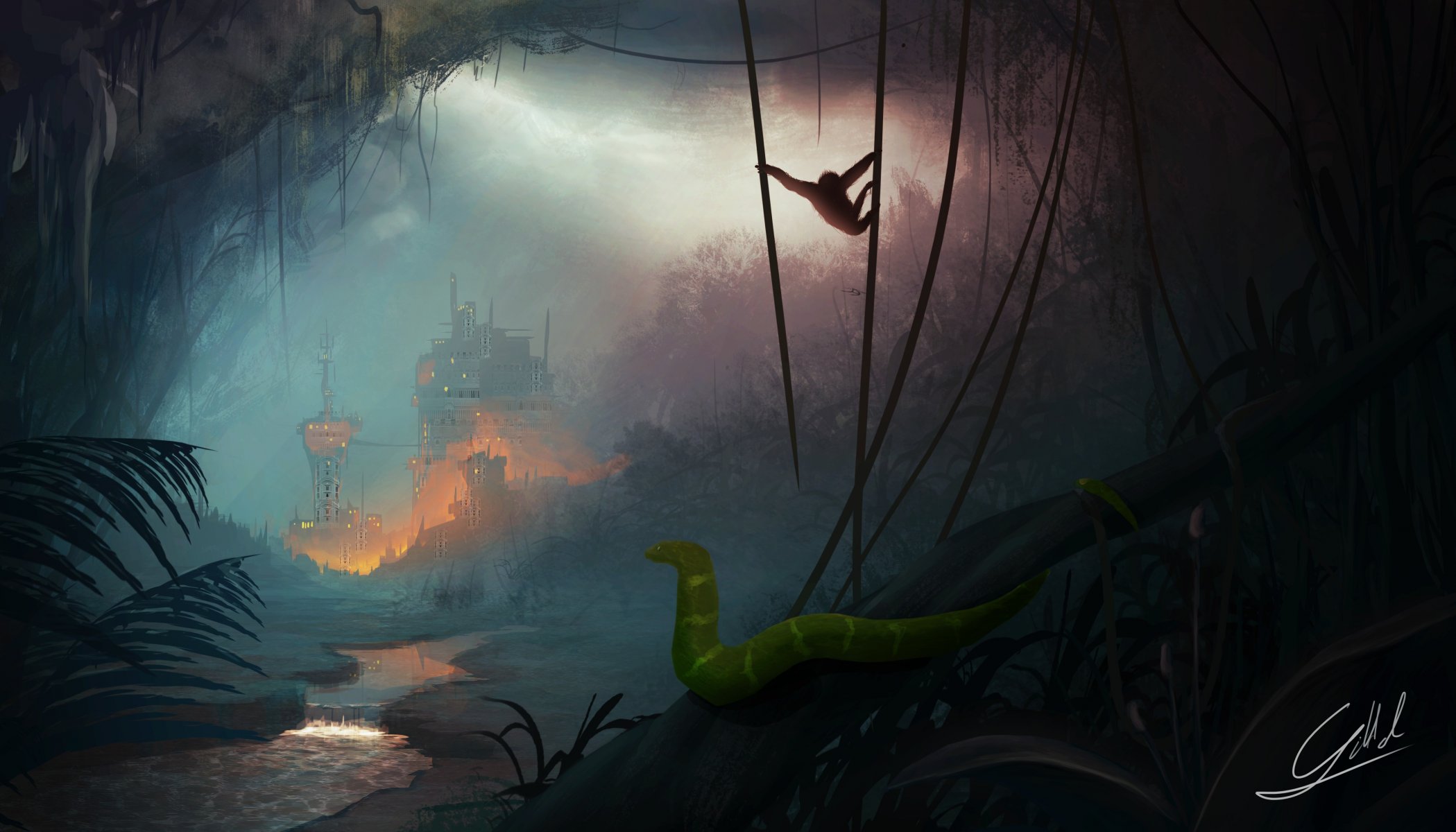 art jungle creeper snake monkey twilight