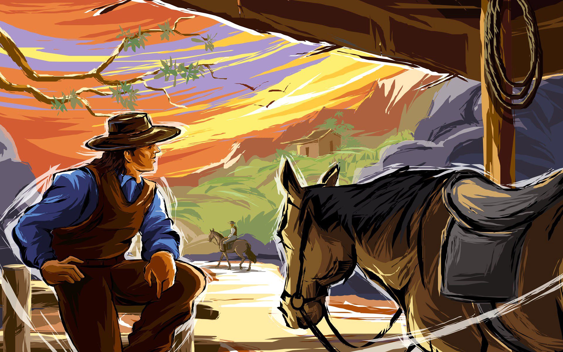 far west cowboy cheval montagnes dessin vecteur