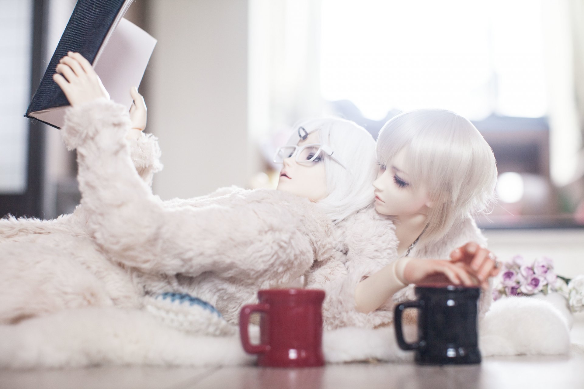poupée bjd garçons cheveux blancs livre tasse tasses fleurs lunettes