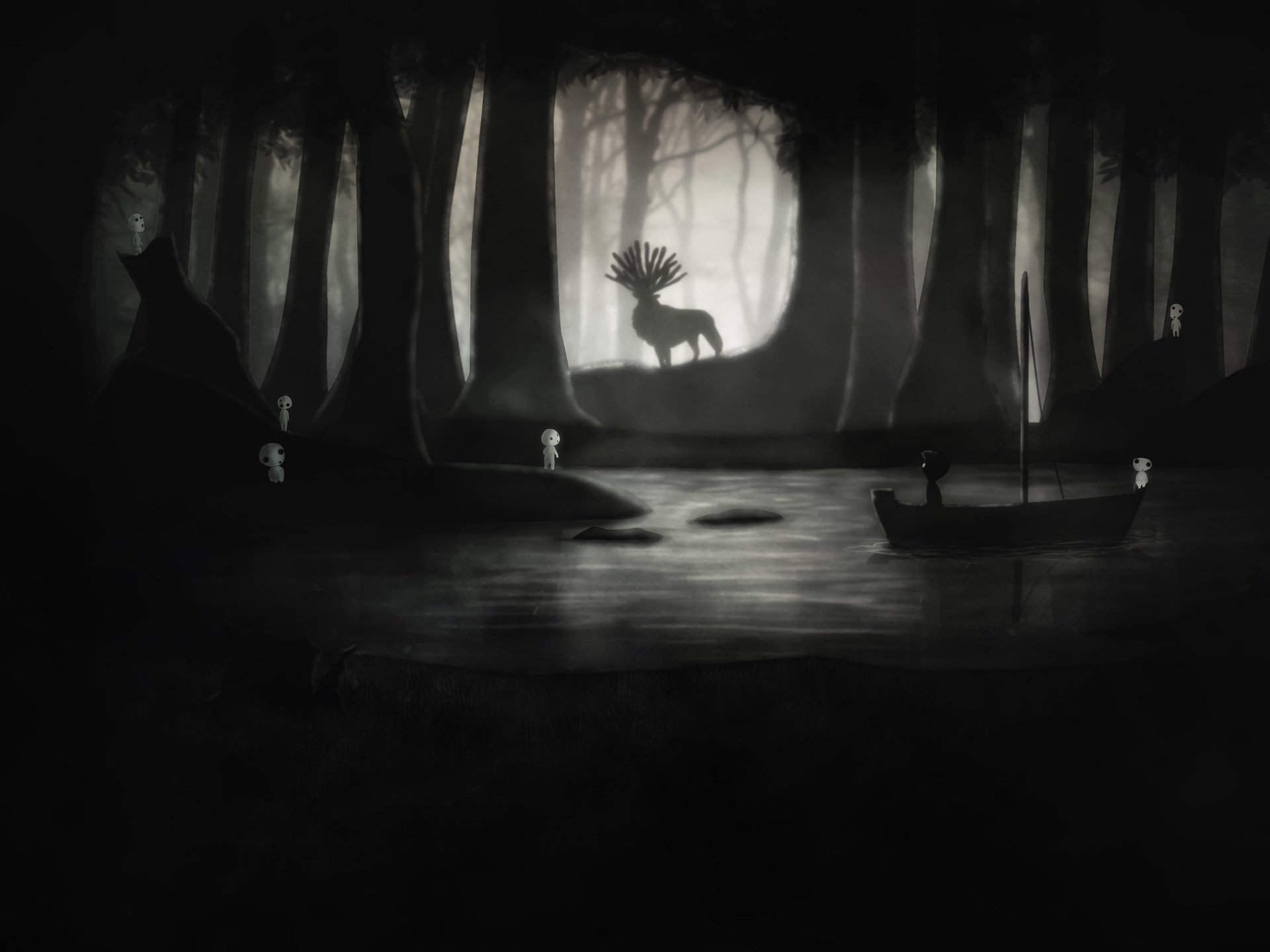 art naissance nuit bw rivière garçon cerf