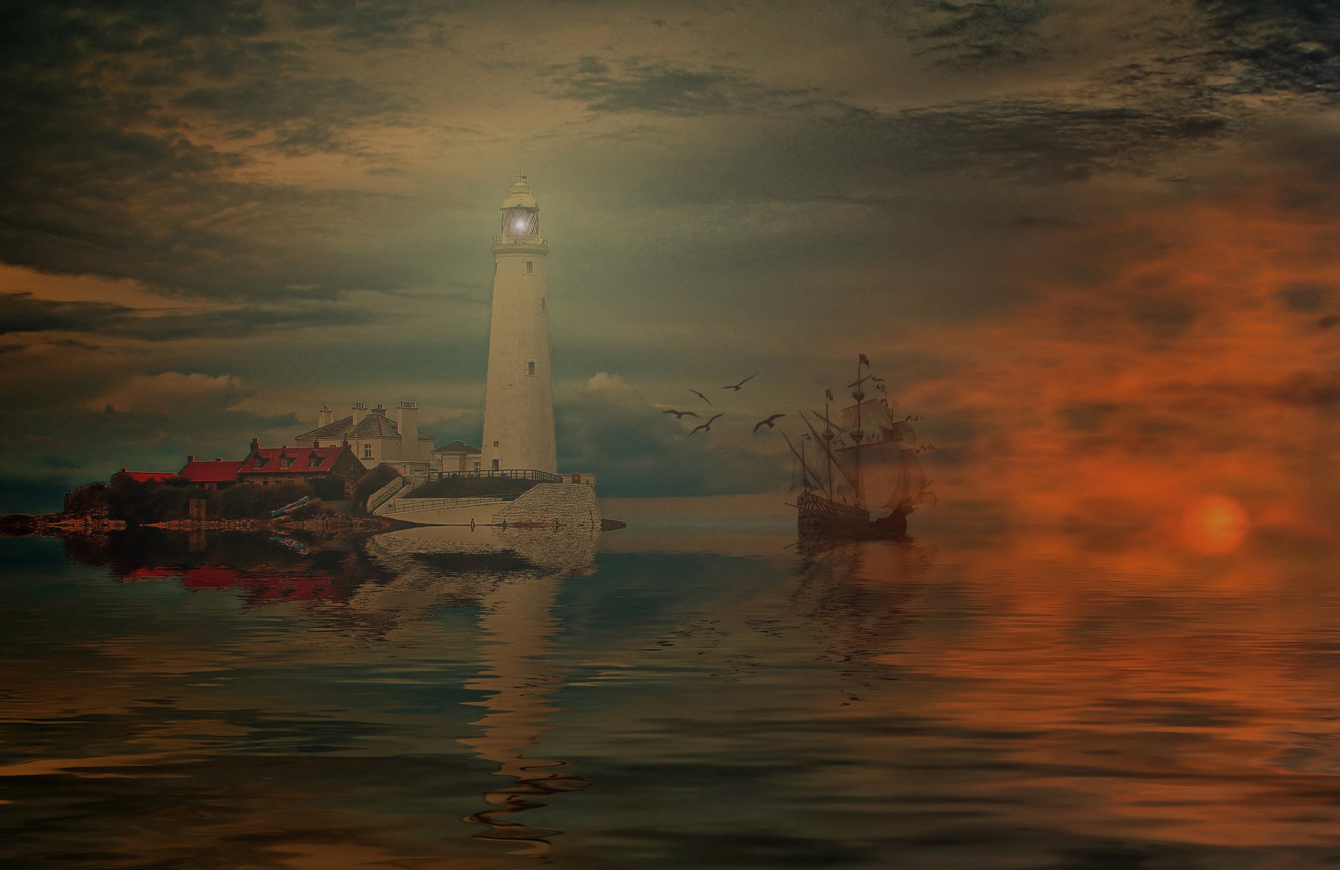 leuchtturm meer himmel wolken reflexion schiff