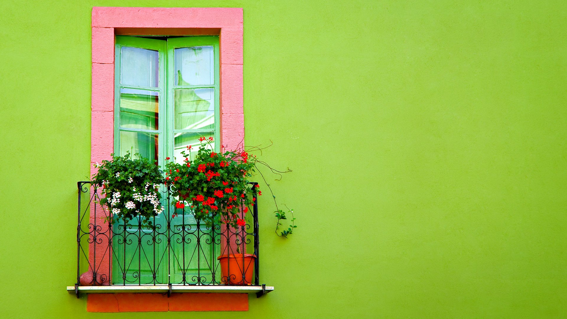 balcón puerta flores pared verde claro