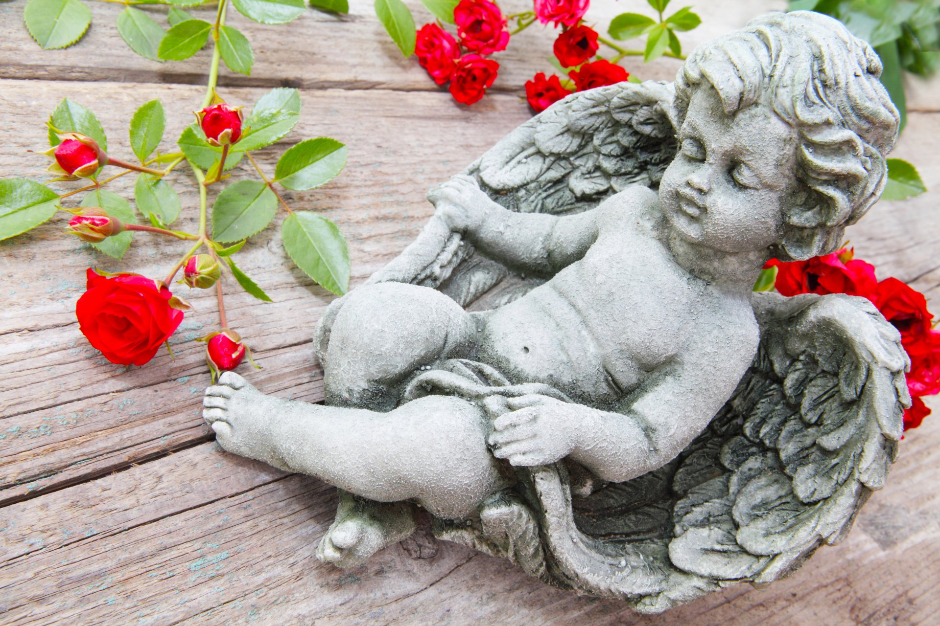 ange cupidon figurine roses branches table