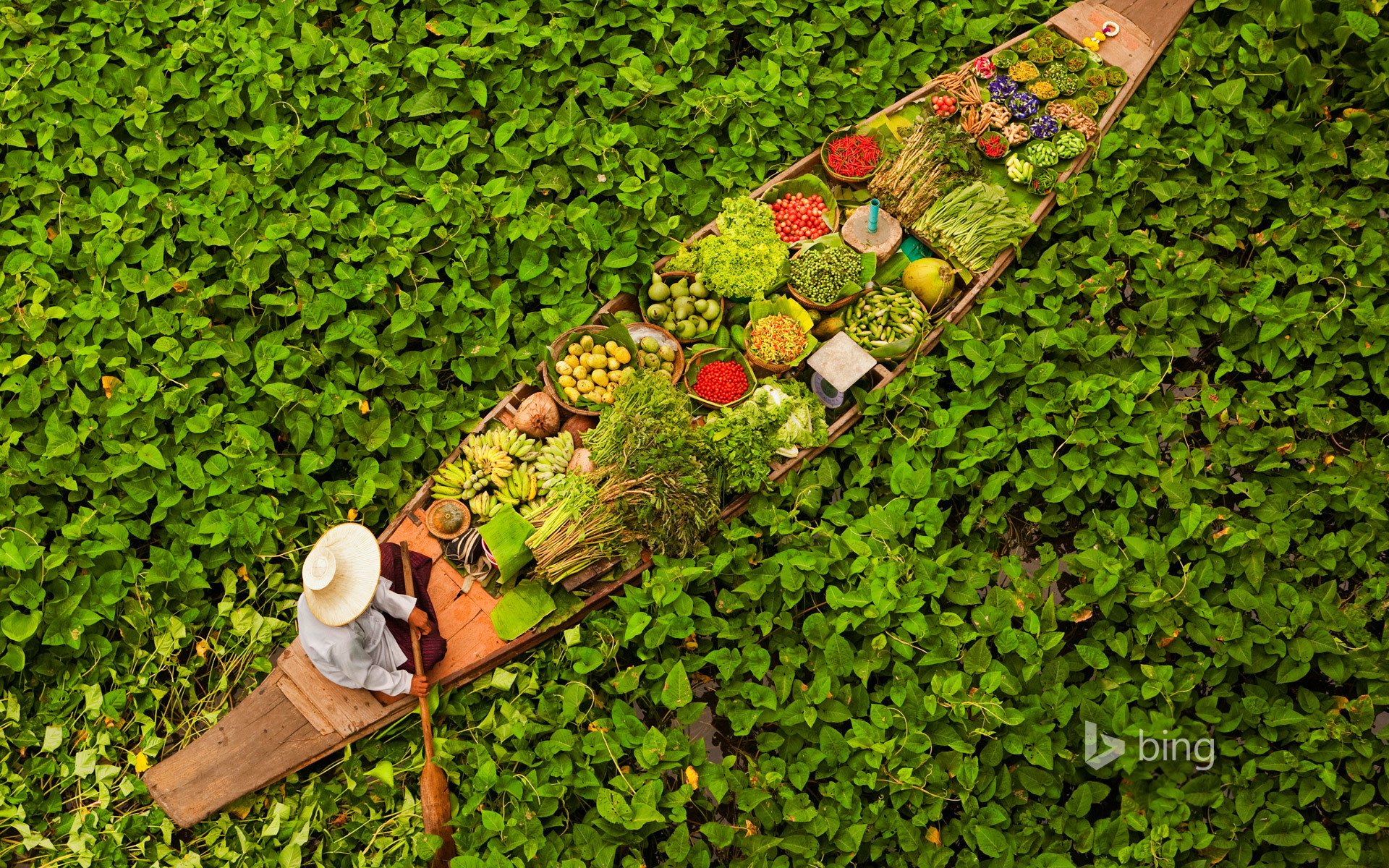 thailand bangkok floating market boat water leaves vegetables fruit