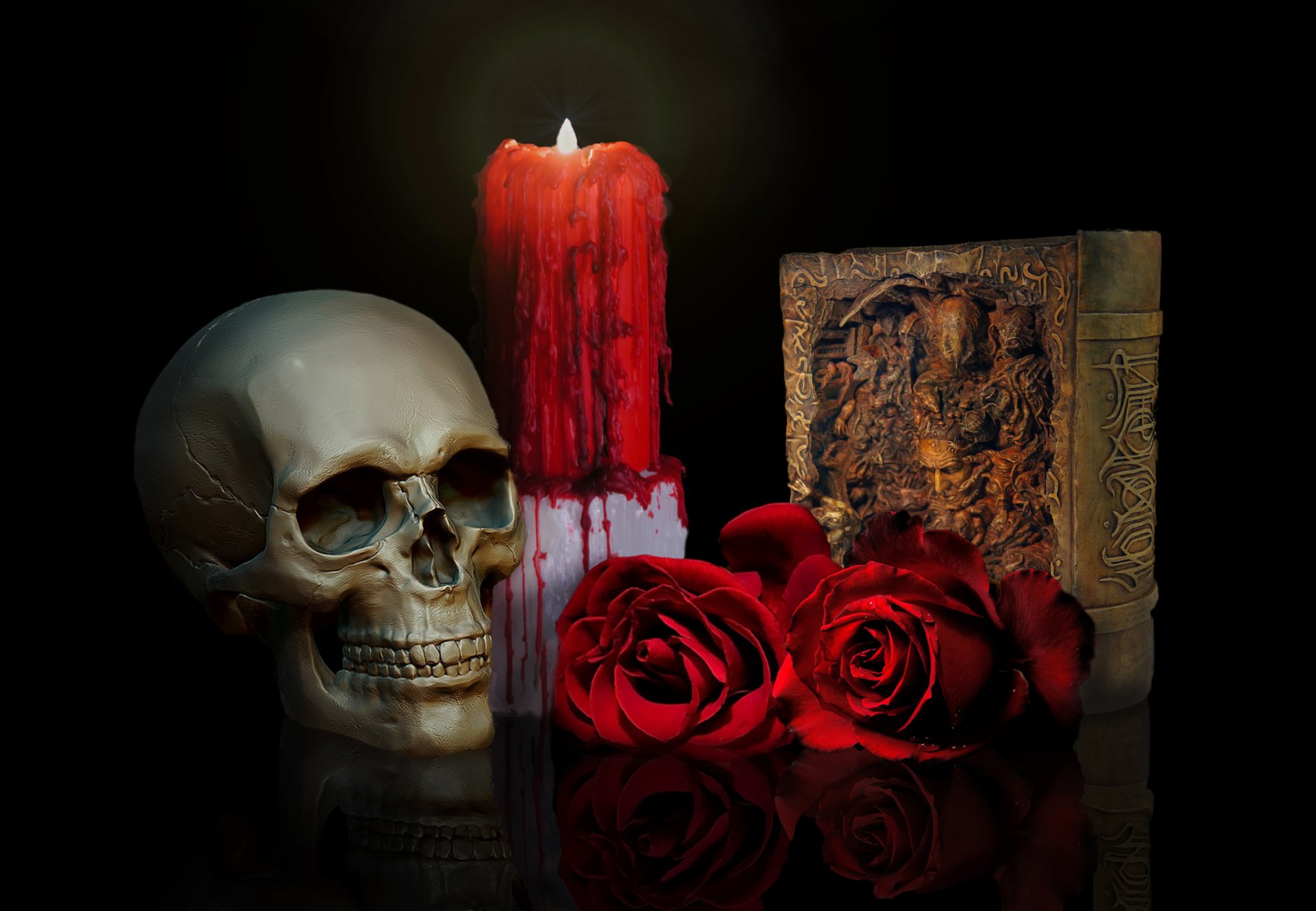 cráneo rosas vela libro