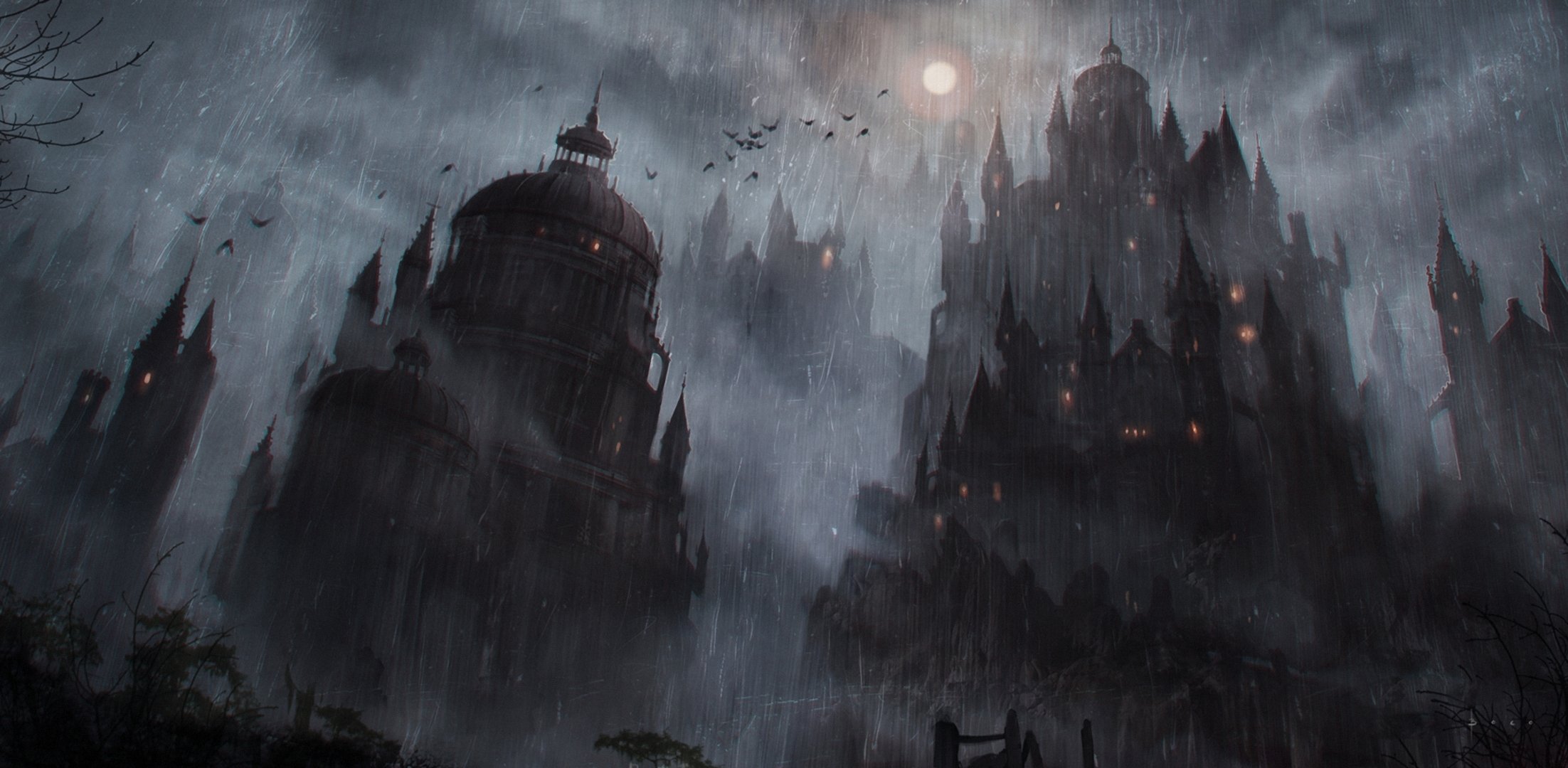 art night rain birds moon castle