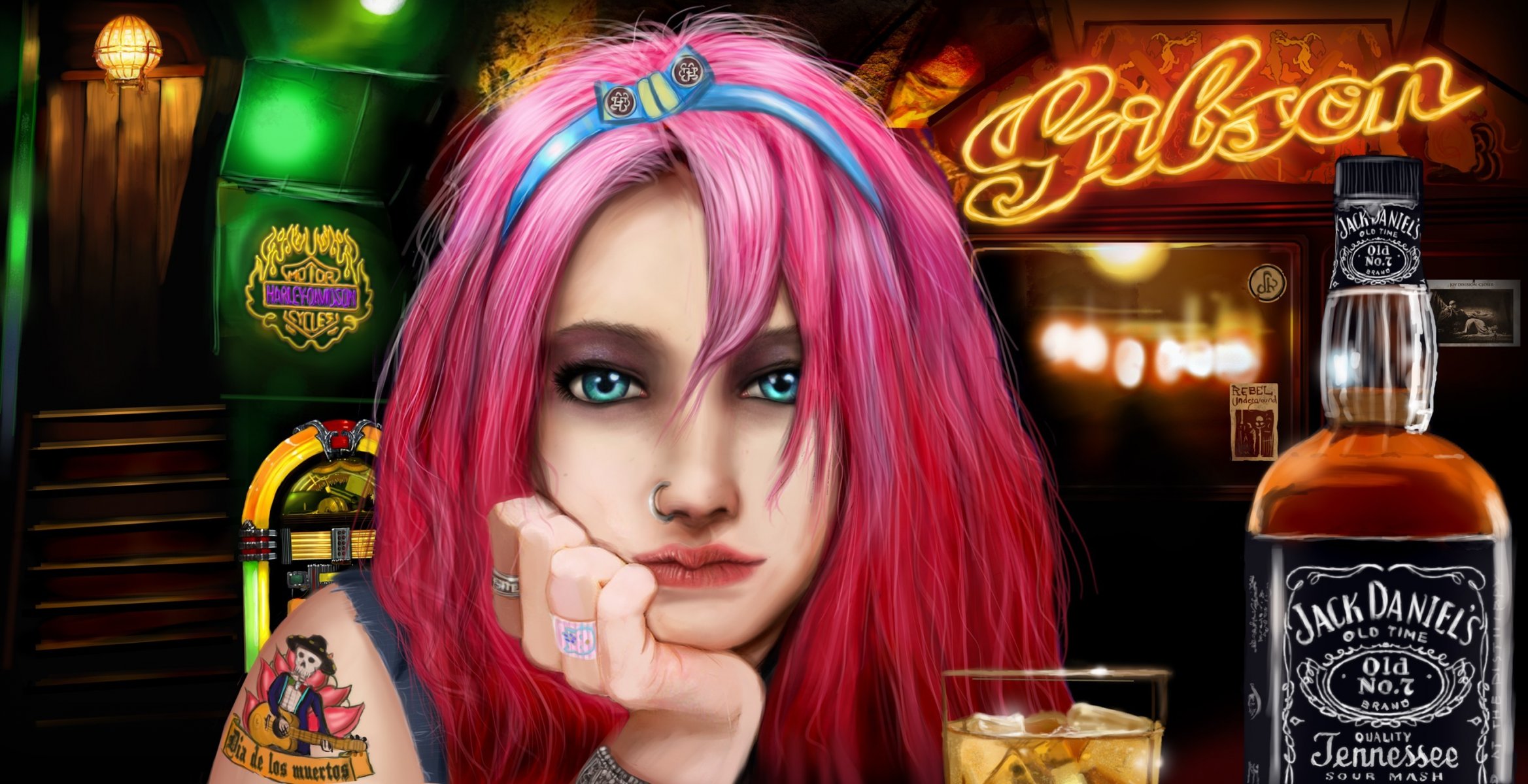 art girl pink hair bar alcohol jack daniels jack daniels piercing rings tattoo glass ice