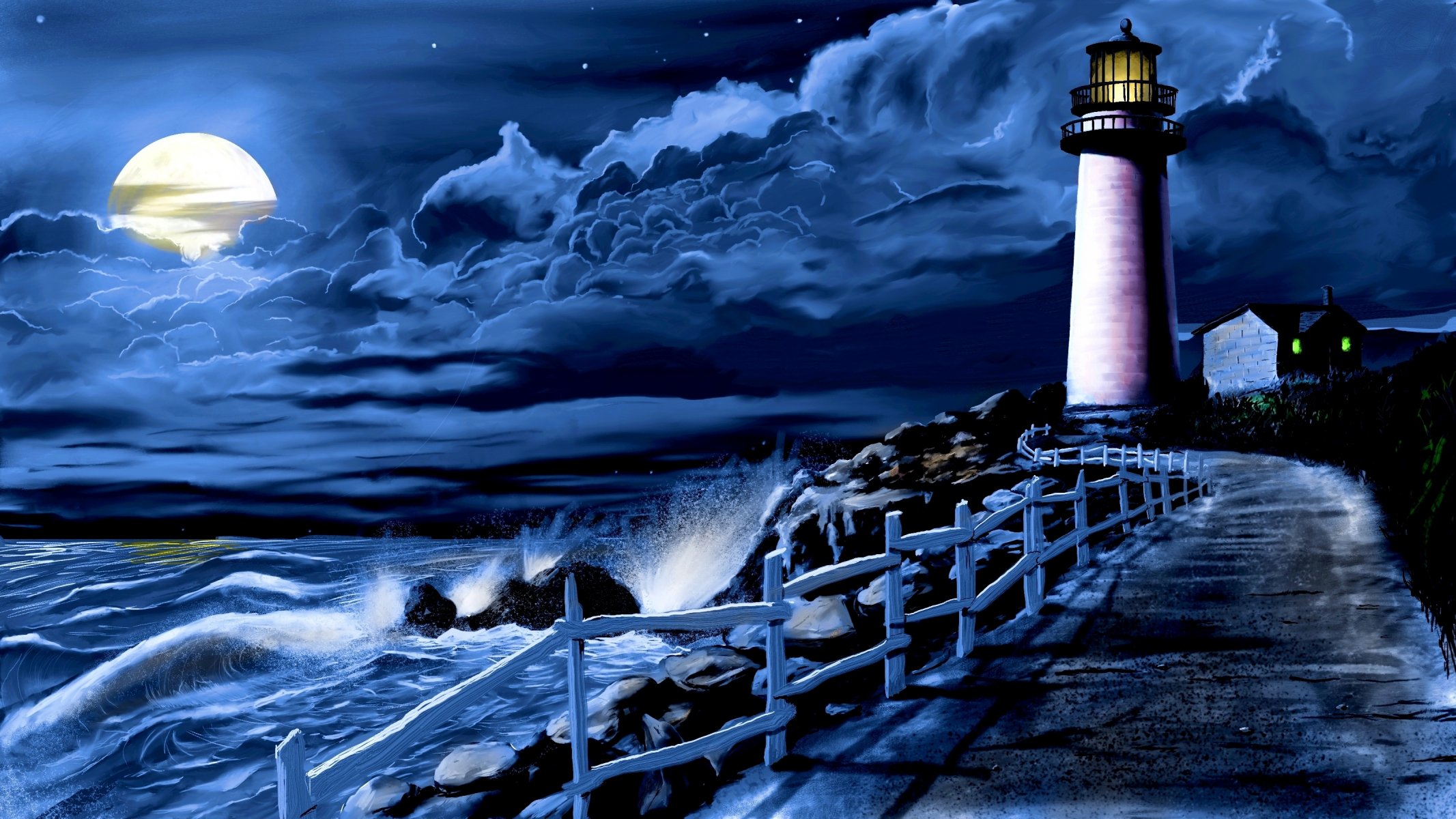 ea waves surf night moon clouds lighthouse path