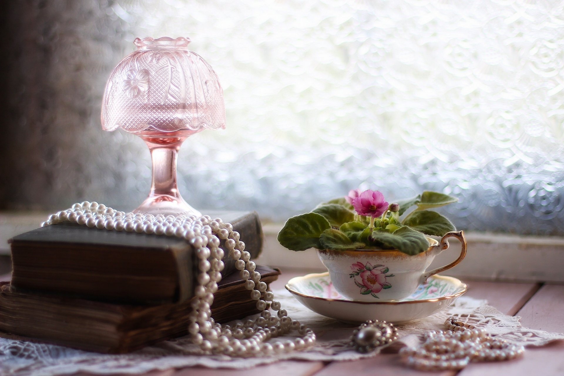 perlen perlen schmuck bücher lampe blume senpolia veilchen tasse vintage stillleben