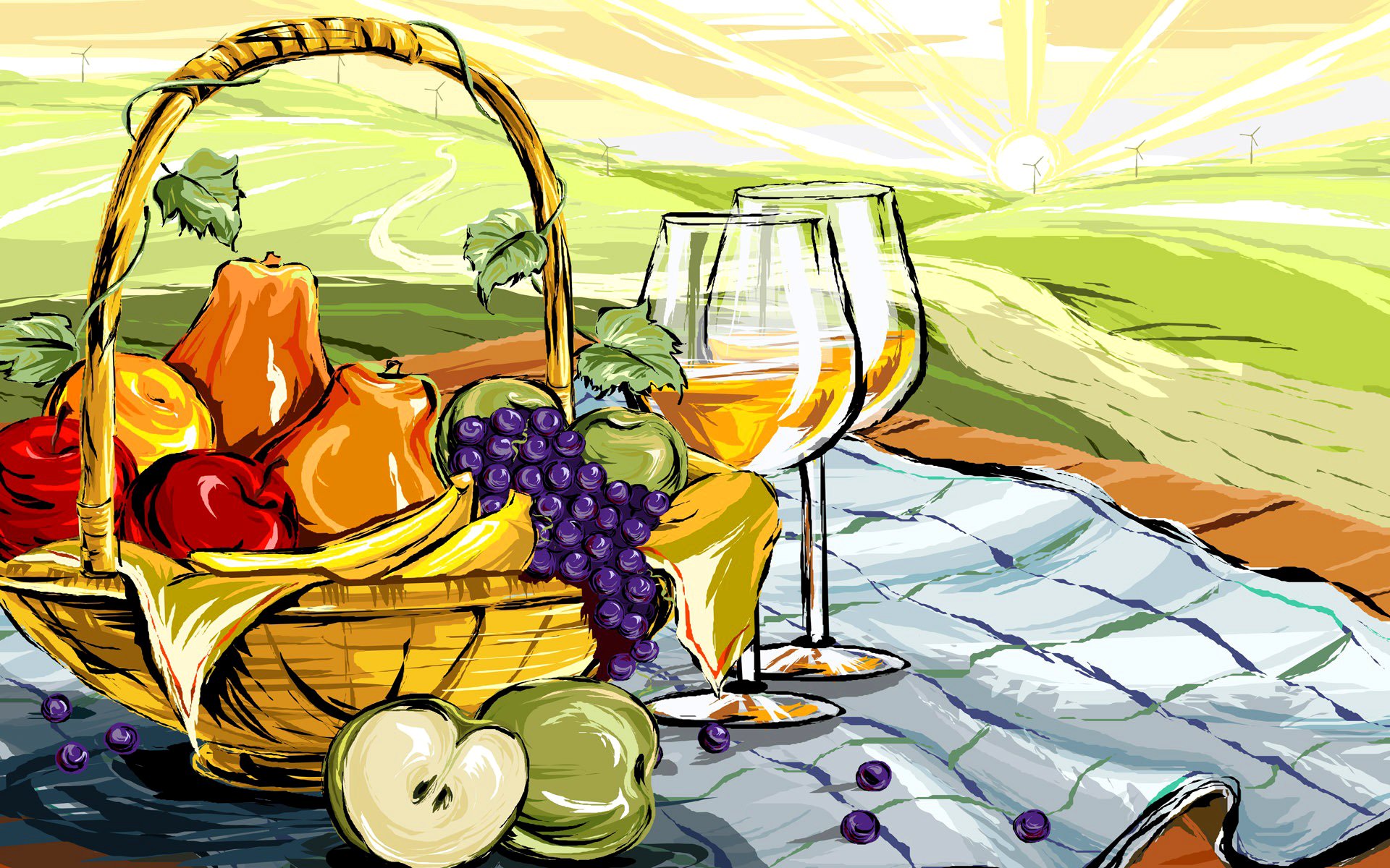 stillleben landschaft korb obst äpfel birnen trauben essen glas wein zeichnung vektor