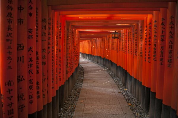 Die Straße entlang der roten japanischen Säulen mit Hieroglyphen