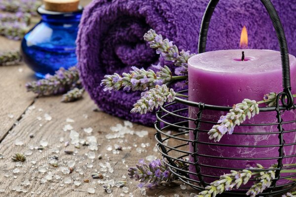 Lavender towel , oil and candle