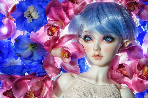Toy doll elf among orchids