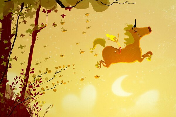 A girl on a unicorn against a background of wood and sky